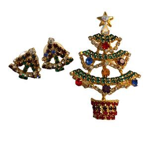 Vintage Pin Brooch & Earrings Christmas Tree Colorful Rhinestone Set